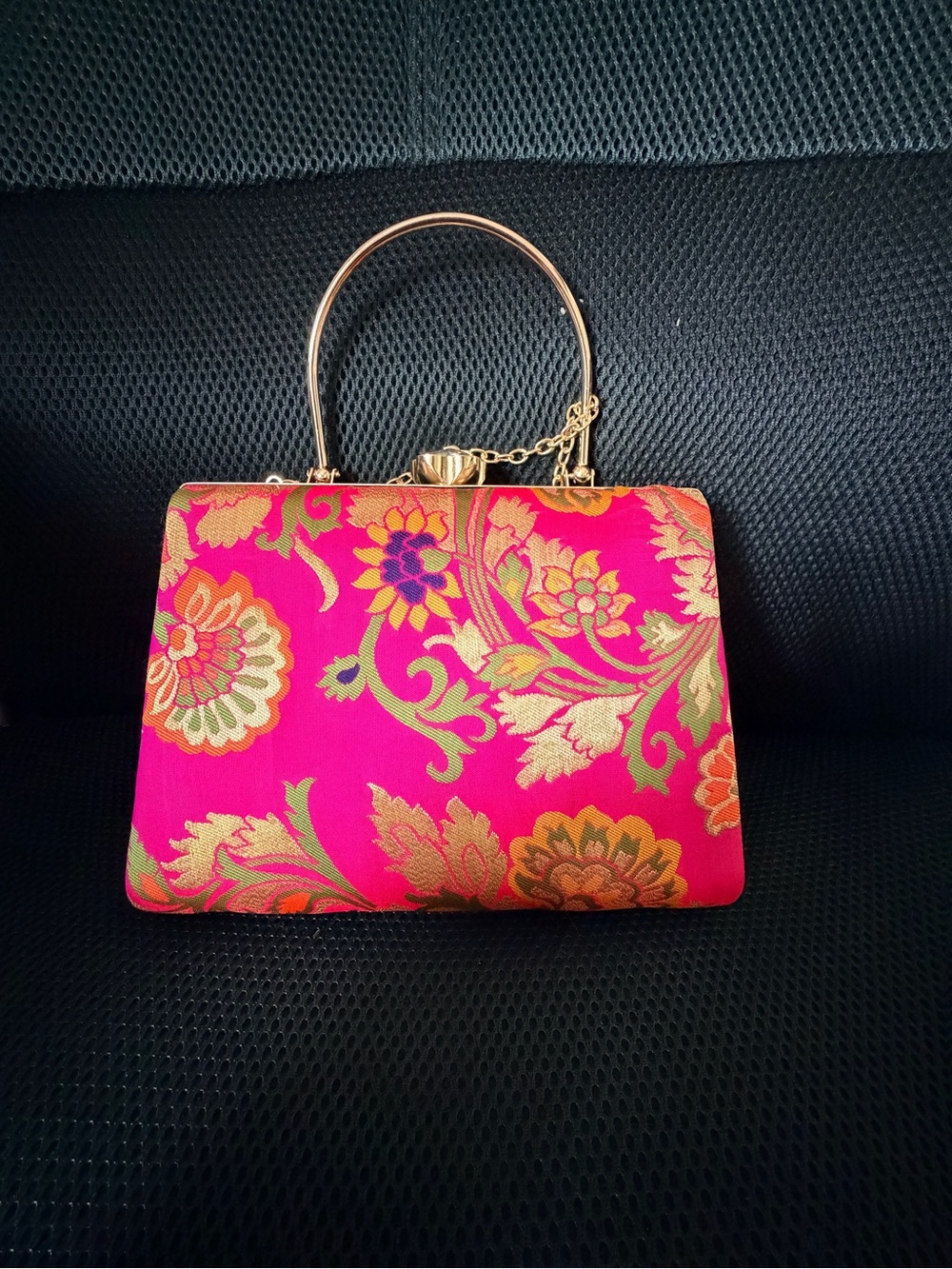 Gold-Handle Pink Floral Brocade Evening Bag